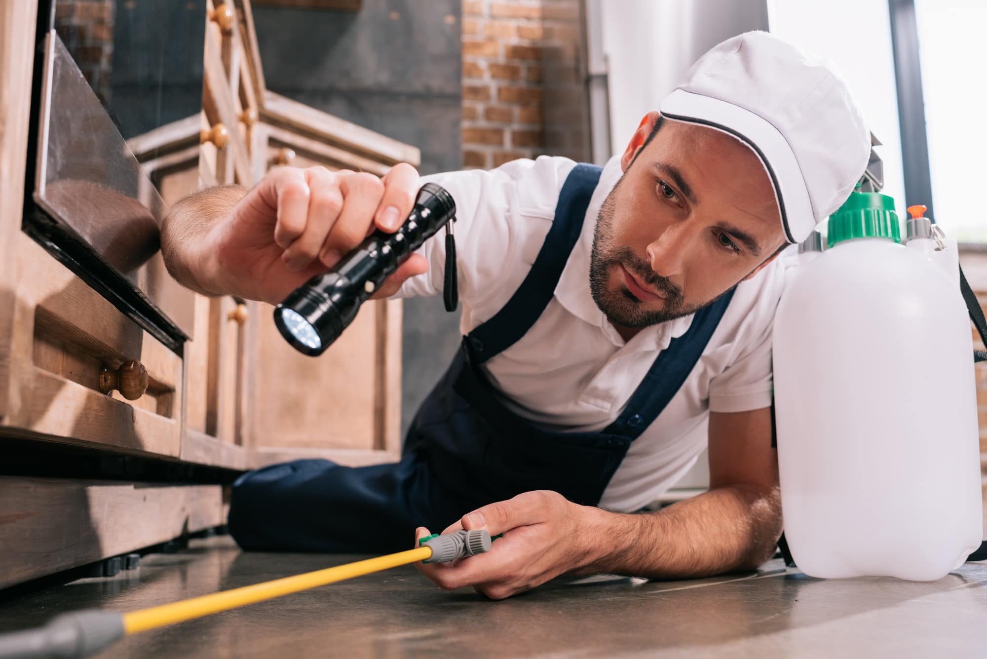 Pest control worker lying on floor and spraying pesticides in kitchen